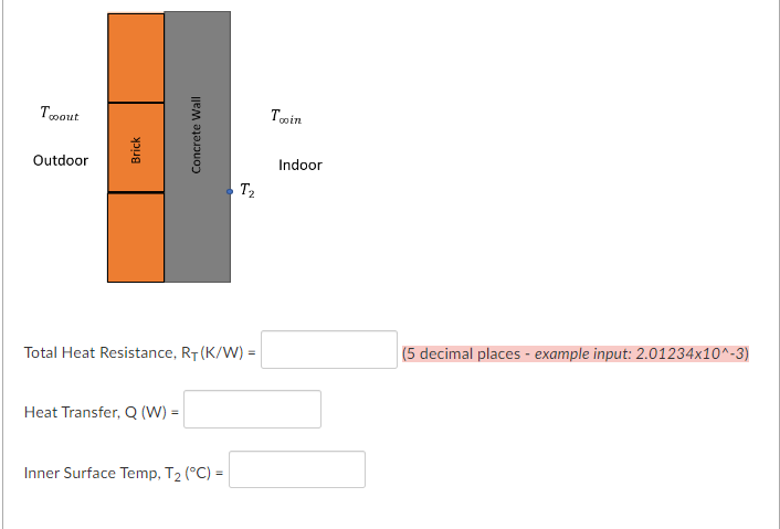 Twout
Outdoor
Brick
Concrete Wall
Heat Transfer, Q (W) =
Total Heat Resistance, RT (K/W) =
T₂
Inner Surface Temp, T₂ (°C) =
Toin
Indoor
(5 decimal places - example input: 2.01234x10^-3)
