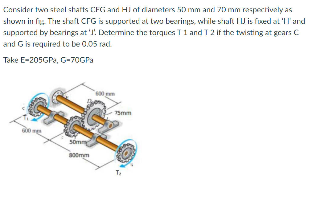 Consider two steel shafts CFG and HJ of diameters 50 mm and 70 mm respectively as
shown in fig. The shaft CFG is supported at two bearings, while shaft HJ is fixed at 'H' and
supported by bearings at 'J. Determine the torques T 1 and T 2 if the twisting at gears C
and G is required to be 0.05 rad.
Take E=205GPA, G=70GPA
600 mm
75mm
600 mm
50mm
800mm
G.
T2

