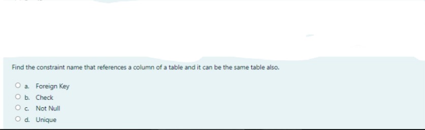 Find the constraint name that references a column of a table and it can be the same table also.
O a Foreign Key
оь Check
Oc Not Null
Od Unique
