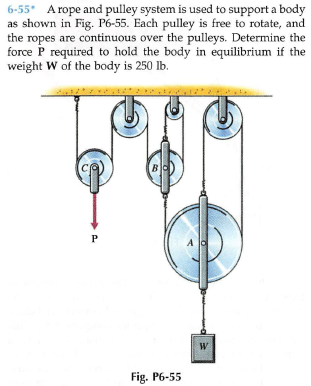 6-55* A rope and pulley system is used to support a body
as shown in Fig. P6-55. Each pulley is free to rotate, and
the ropes are continuous over the pulleys. Determine the
force P required to hold the body in equilibrium if the
weight W of the body is 250 lb.
W
Fig. P6-55
P.
