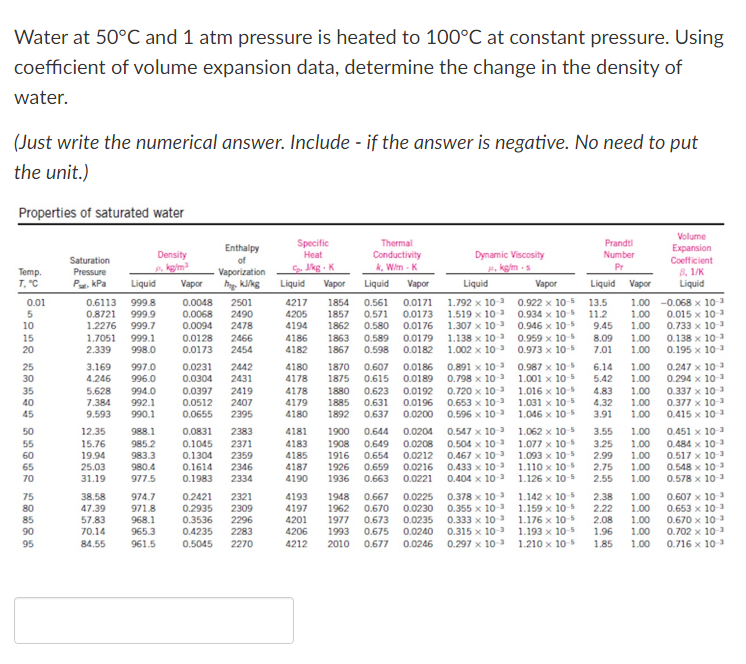 Water at 50°C and 1 atm pressure is heated to 100°C at constant pressure. Using
coefficient of volume expansion data, determine the change in the density of
water.
(Just write the numerical answer. Include - if the answer is negative. No need to put
the unit.)
Properties of saturated water
Specific
Heat
Thermal
Conductivity
k, Wim - K
Volume
Expansion
Prandtl
Enthalpy
Density
Dynamic Viscosity
Number
Saturation
of
Coefficient
P. kg/m
Liquid
G. Mkg - K
P. kg/m -s
Vapor
Pr
Temp.
T, "C
A, 1/K
Liquid
Pressure
Vaporization
Pa. kPa
Vapor
h kikg
Liquid
Vapor
Liquid
Vapor
Liquid
Liquid Vapor
1.792 x 103 0.922 x 10-
0.934 x 10-
0.946 x 10
0.959 x 10-
0.973 x 10-5
1.00 -0.068 x 10-3
0.015 x 10 3
0.733 x 103
0.138 x 10 3
0.01
2501
2490
0.6113
999.8
0.0048
4217
1854
0.561
0.0171
13.5
1.519 x 10-3
1.307 x 10 3
11.2
9.45
8.09
7.01
0.8721
999.9
999.7
999.1
0.0068
0.0094
4205
1857
0.571
0.0173
1.00
1.00
10
1.2276
2478
4194
1862
0.580
0.0176
1.138 x 10-3
1.002 x 103
15
1.7051
2.339
0.0128
0.0173
2466
2454
4186
1863
1867
0.589
0.0179
1.00
1.00
20
998.0
4182
0.598
0.0182
0.195 x 10 3
0.987 x 10
1.001 x 10-5
1.016 x 10
1.031 x 10 5
1.046 x 10
0.0231
0.0304
1.00
1.00
0.247 x 10 3
0.294 x 10 3
0.337 x 10 3
0.377 x 10 3
0.415 x 103
25
3.169
997.0
2442
2431
4180
1870
0.607
0.0186
0.891 x 10 3
0.798 x 10-3
6.14
5.42
4.83
30
4.246
996.0
4178
1875
0.615
0.0189
0.720 x 10 3
0.653 x 10 3
0.596 x 103
35
5.628
994.0
992.1
990.1
0.0397
2419
4178
4179
4180
1880
0.623
0.631
0.637
0.0192
1.00
40
7.384
0.0512
2407
1885
0.0196
4.32
1.00
45
9.593
0.0655
2395
1892
0.0200
3.91
1.00
1.062 x 10 5
1.077 x 10-5
1.093 x 10-5
1.110 x 10
1.126 x 10-5
0.547 x 10-3
1.00
0.451 x 10 3
0.484 x 10 3
0.517 x 10 3
0.548 x 10 3
0.578 x 103
50
12.35
988.1
0.0831
2383
4181
1900
0.644
0.0204
3.55
0.504 x 10-3
0.467 x 10-3
0.433 x 103
0.404 x 10-3
55
15.76
985.2
0.1045
2371
4183
1908
0.649
0.0208
0.0212
0.0216
3.25
4185
4187
4190
1.00
1.00
1.00
1.00
60
19.94
983.3
0.1304
2359
1916
0.654
2.99
65
25.03
980.4
0.1614
2346
1926
0.659
2.75
2.55
70
31.19
977.5
0.1983
2334
1936
0.663
0.0221
0.607 x 10-3
0.653 x 10-3
0.670 x 10 3
0.702 x 10-3
0.716 x 10-3
0.378 x 10
1.142 x 10
1.159 x 10-5
1.176 x 10
1.193 x 10-5
1.210 x 10-5
75
38.58
974.7
0.2421
2321
4193
1948
0.667
0.0225
2.38
1.00
47.39
57.83
70.14
4197
4201
4206
4212
2.22
2.08
0.0230
0.0235
0.355 x 10-3
0.333 x 10-3
0.315 x 10-3
0.297 x 10-3
80
971.8
968.1
0.2935
2309
1962
0.670
1.00
85
0.3536
2296
1977
0.673
1.00
1.00
1.00
90
965.3
0.4235
2283
1993
0.675
0.0240
1.96
95
84.55
961.5
0.5045
2270
2010
0.677
0.0246
1.85
