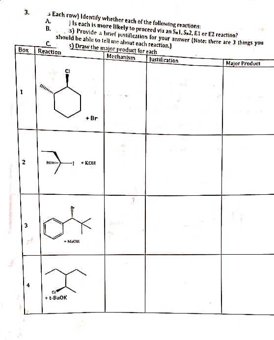 3 Each row) Identify whether each of the following reactions:
| Is each is more likely to proceed via an Sul. S2, EI or E2 reaction?
s) Provide a brief justiflestion for your answer (Note: there are 3 things yau
should be able to tell me about each reaction.)
Draw the major juroduct for each
3.
A.
В.
Воx
Reaction
Mechantsm
Justification
Major Product
1
+ Br
Hi
-
+ KOH
3
• McDit
+ t-BuOK
