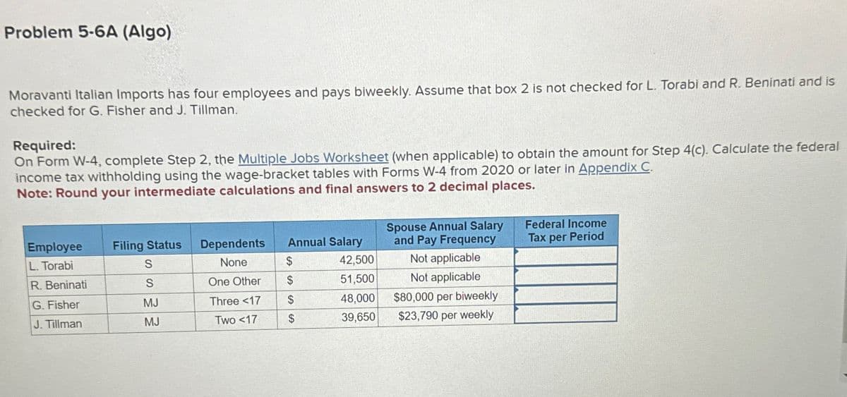 Problem 5-6A (Algo)
Moravanti Italian Imports has four employees and pays biweekly. Assume that box 2 is not checked for L. Torabi and R. Beninati and is
checked for G. Fisher and J. Tillman.
Required:
On Form W-4, complete Step 2, the Multiple Jobs Worksheet (when applicable) to obtain the amount for Step 4(c). Calculate the federal
income tax withholding using the wage-bracket tables with Forms W-4 from 2020 or later in Appendix C.
Note: Round your intermediate calculations and final answers to 2 decimal places.
Employee
L. Torabi
Filing Status
S
Dependents
None
Annual Salary
Spouse Annual Salary
and Pay Frequency
Federal Income
Tax per Period
$
42,500
Not applicable
R. Beninati
S
One Other
$
51,500
Not applicable
G. Fisher
MJ
Three <17
$
48,000
$80,000 per biweekly
J. Tillman
MJ
Two <17
SA
39,650
$23,790 per weekly