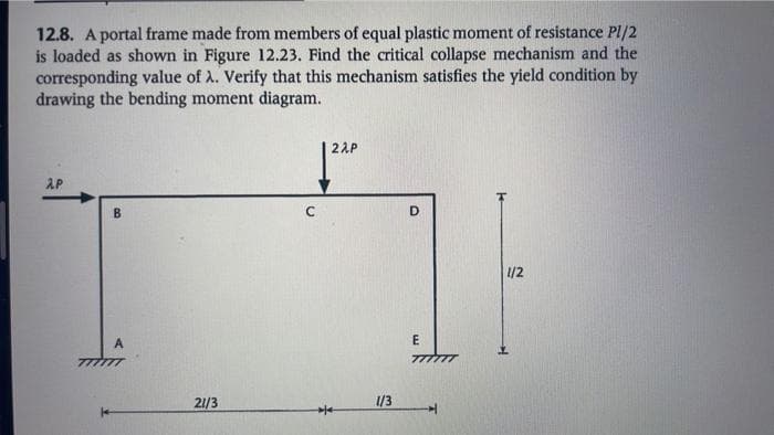 12.8. A portal frame made from members of equal plastic moment of resistance Pl/2
is loaded as shown in Figure 12.23. Find the critical collapse mechanism and the
corresponding value of A. Verify that this mechanism satisfies the yield condition by
drawing the bending moment diagram.
2P
B
A
21/3
с
22P
1/3
E
TTTTTT
1/2
