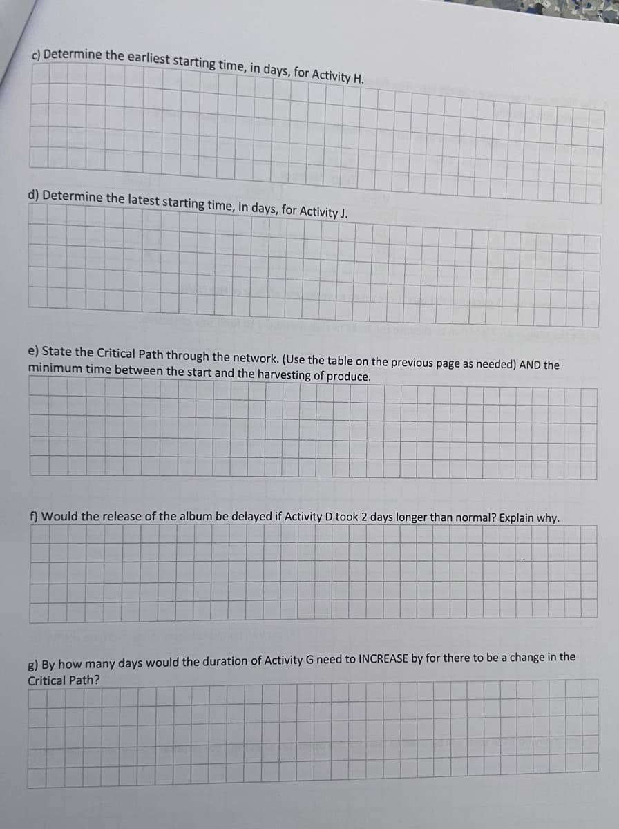 c) Determine the earliest starting time, in days, for Activity H.
d) Determine the latest starting time, in days, for Activity J.
e) State the Critical Path through the network. (Use the table on the previous page as needed) AND the
minimum time between the start and the harvesting of produce.
f) Would the release of the album be delayed if Activity D took 2 days longer than normal? Explain why.
Watch m
g) By how many days would the duration of Activity G need to INCREASE by for there to be a change in the
Critical Path?