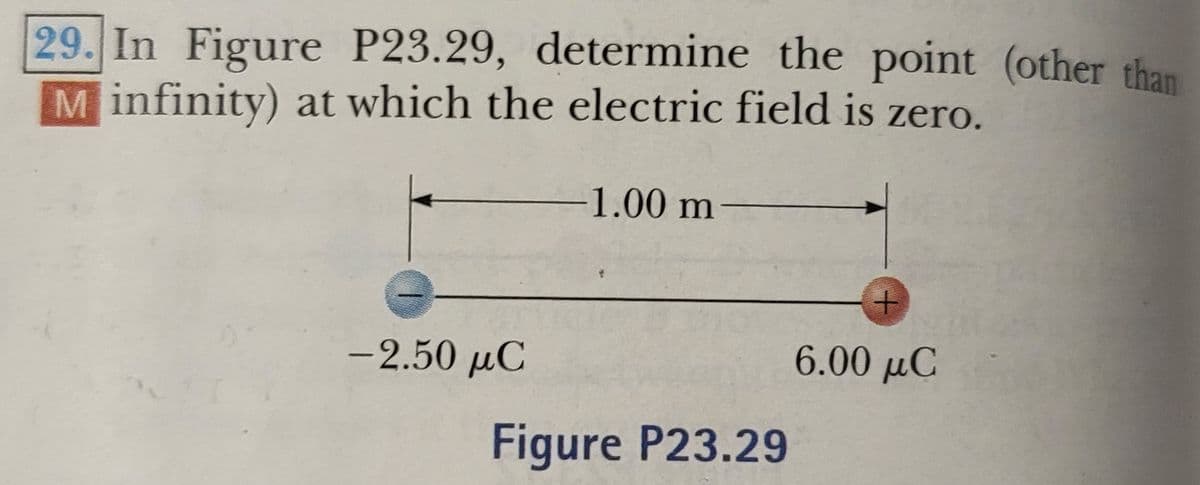29. In Figure P23.29, determine the point (other than
M infinity) at which the electric field is zero.
1.00 m-
-2.50 µC
6.00 µC
Figure P23.29
