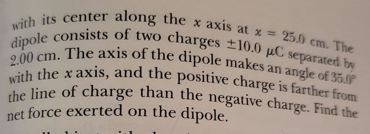 the line of charge than the negative charge. Find the
2.00 cm. The axis of the dipole makes an angle of 35.0
with the x axis, and the positive charge is farther from
dipole consists of two charges ±10.0 pC separated by
with its center along the x axis at x = 25.0 cm. The
nole consists of two charges ±10.0 uC
separated
by
2.00 che xaxis, and the positive charge is farther from
he line of charge than the negative charge. Find the
net force exerted on the dipole.
