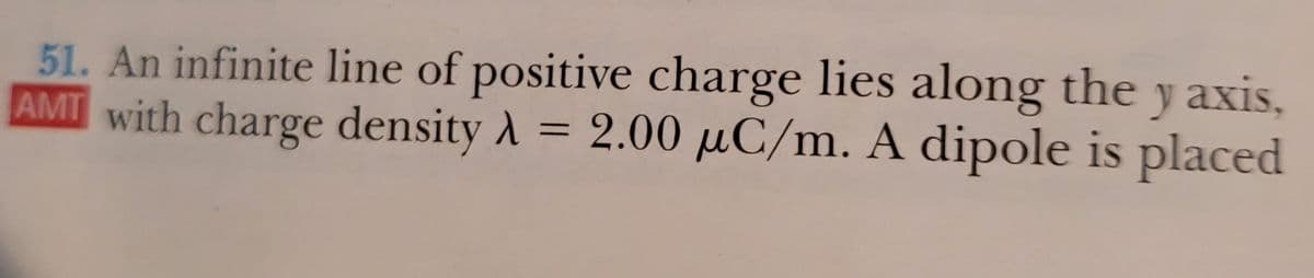 51. An infinite line of positive charge lies along the y axis,
AMT with charge density A = 2.00 µC/m. A dipole is placed
