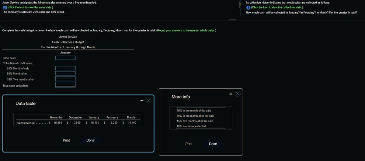 Jewel Service anticipates the following sales revenue over a five-month period:
(Click the icon to view the sales data.)
The company's sales are 20% cash and 80% credit.
Complete the cash budget to determine how much cash will be collected in January, February, March and for the quarter in total. (Round your answers to the nearest whole dollar.)
Jewel Service
Cash sales
Collection of credit sales:
25% Month of sale
50% Month after
15% Two months after
Total cash collections
Data table
Cash Collections Budget
For the Months of January through March
January
Sales revenue...
November December January February
March
$ 16,900 $ 10,800 $ 15,400 $ 13,200 $ 14,400
Print
Done
X
More info
25% in the month of the sale
50% in the month after the sale
15% two months after the sale
10% are never collected
Print
Done
www.
X
Its collection history indicates that credit sales are collected as follows:
i (Click the icon to view the collections data.)
How much cash will be collected in January? In February? In March? For the quarter in total?