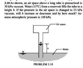 3.10 As shown, an air space above a long tube is pressurized to
50 kPa vacuum. Water (15°C) from a reservoir fills the tube to a
height h. If the pressure in the air space is changed to 25 kPa
vacuum, will h increase or descrease and by how much? As-
sume atmospheric pressure is 100 kPa.
Air space
-Water
PROBLEM 3.10
