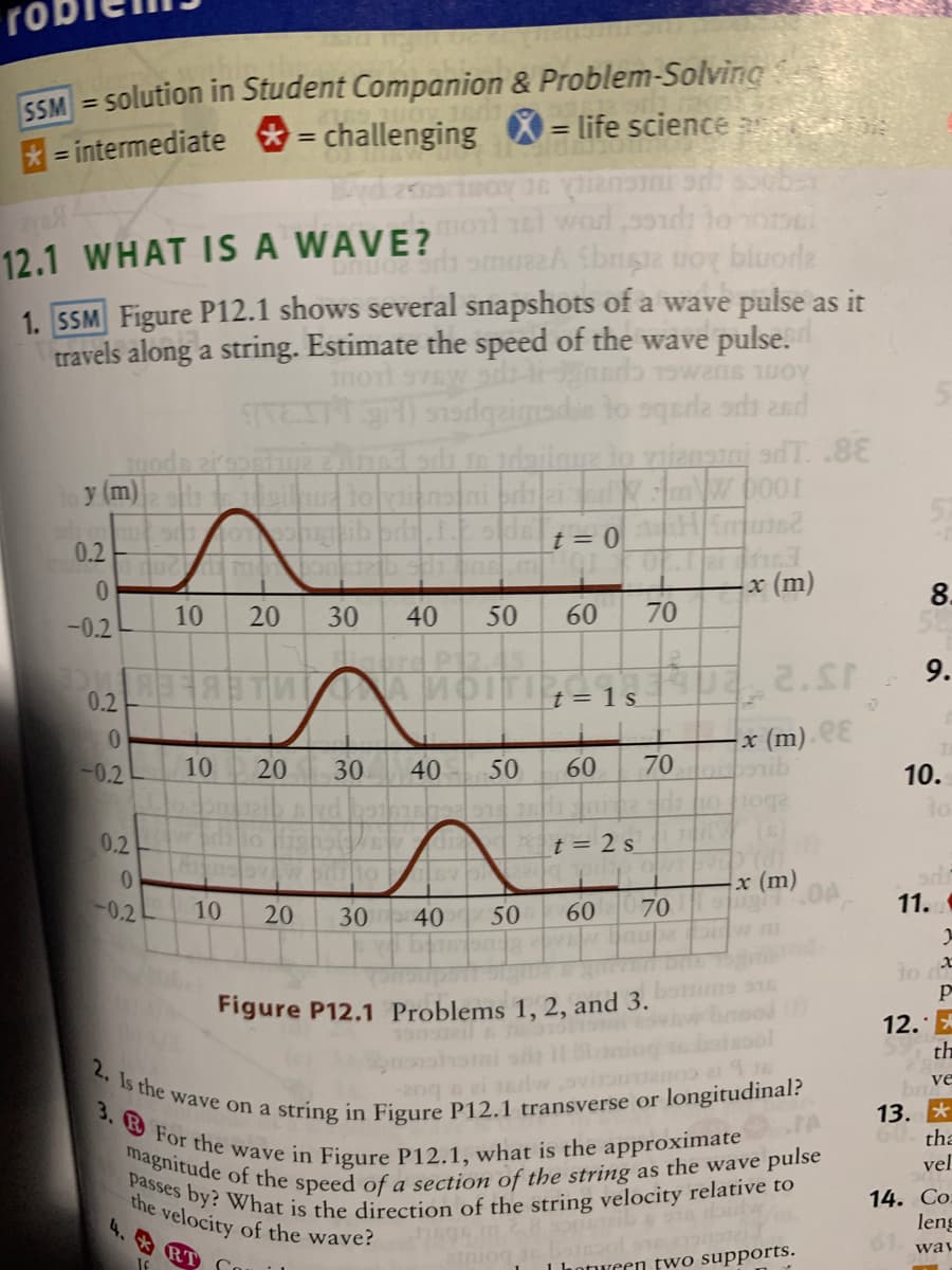 ro
magnitude of the speed of a section of the string as the wave pulse
passes by? What is the direction of the string velocity relative to
2. Is the wave on a string in Figure P12.1 transverse or longitudinal?
3. B For the wave in Figure P12.1, what is the approximate
55M = solution in Student Companion & Problem-Solving
* = challenging
= life science 3
%3D
= intermediate
l l wod s9dlo
pc uIGURI E kon
12.1 WHAT IS A WAVE?
1. 55M Figure P12.1 shows several snapshots of a wave pulse as it
travels along a string. Estimate the speed of the wave pulse.
inort
SITEST ) 19dgaimadie
y (m)
m
t = 0 HEmus
0.2
0.
x (m)
8.
10
20
30
40
50
60
70
-0.2
9.
S = 1 s
0.2
0.
x (m) E
-0.2
10
20
30
40
50
60
70
10.
0.2
t = 2 s
x (m)
-0.2
11.
10
20
30
40
50
60
70
lo t
Figure P12.1 Problems 1, 2, and 3.
12.*
th
ovi anos ai
ve
2og n ei
13. *
tha
vel
the velocity of the wave?
4.
14. Co.
leng
way
1 hotween two supports.
