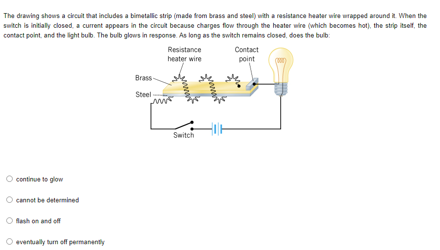 The drawing shows a circuit that includes a bimetallic strip (made from brass and steel) with a resistance heater wire wrapped around it. When the
switch is initially closed, a current appears in the circuit because charges flow through the heater wire (which becomes hot), the strip itself, the
contact point, and the light bulb. The bulb glows in response. As long as the switch remains closed, does the bulb:
Resistance
Contact
heater wire
point
Brass
Steel
Switch
continue to glow
cannot be determined
flash on and off
eventually turn off permanently
