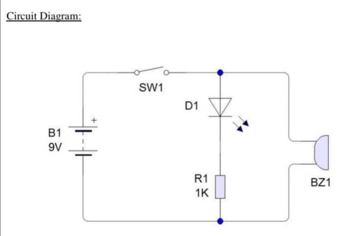 Circuit Diagram:
B1
9V
SW1
D1
R1
1K
BZ1