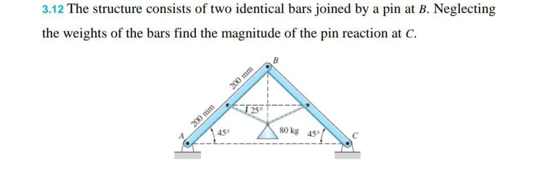 3.12 The structure consists of two identical bars joined by a pin at B. Neglecting
the weights of the bars find the magnitude of the pin reaction at C.
200 mm
200 mm
45°
25°
B
80 kg 45°