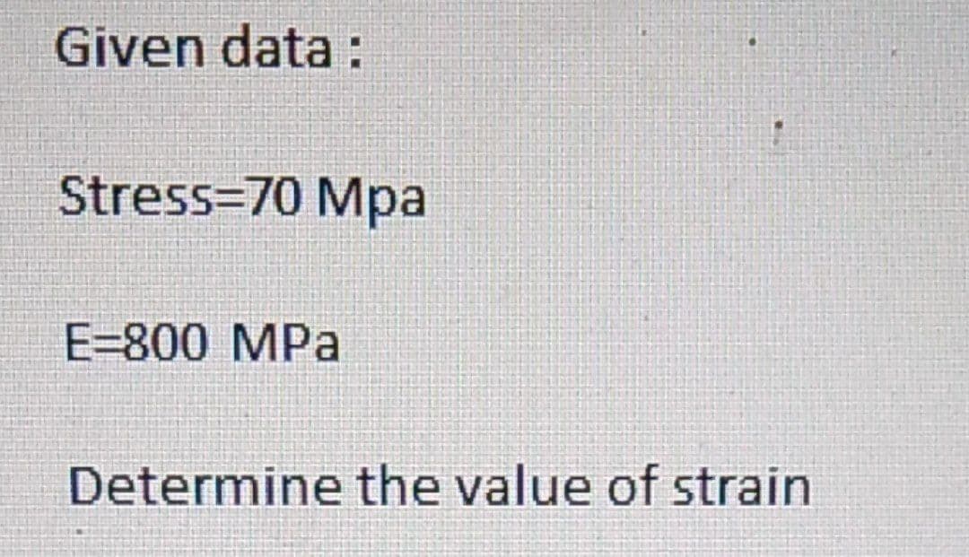 Given data :
Stress=70 Mpa
E=800 MPa
Determine the value of strain
