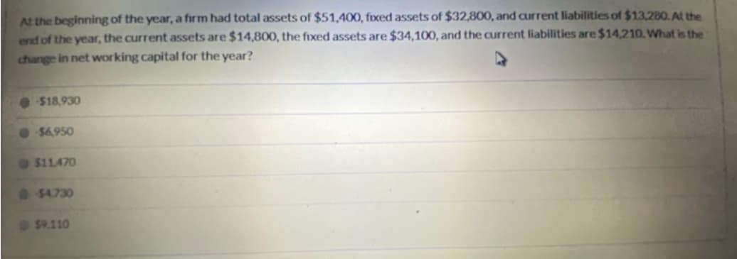 At the beginning of the year, a firm had total assets of $51,400, fixed assets of $32,800, and current liabilities of $13,280. At the
end of the year, the current assets are $14,800, the fixed assets are $34,100, and the current liabilities are $14,210. What is the
change in net working capital for the year?
-%$18.930
• $6.950
$11.470
$4.730
S9.110
