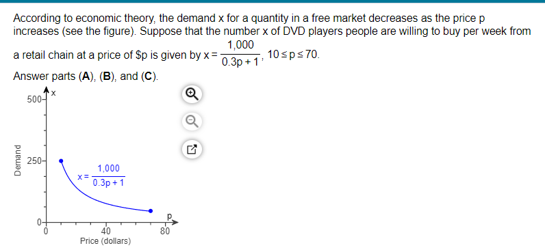 Demand
According to economic theory, the demand x for a quantity in a free market decreases as the price p
increases (see the figure). Suppose that the number x of DVD players people are willing to buy per week from
1,000
a retail chain at a price of $p is given by x=0.3p+1' 10≤p≤70.
Answer parts (A), (B), and (C).
500-
Q
250-
x=
1,000
0.3p+1
0
40
Price (dollars)
80
Ly