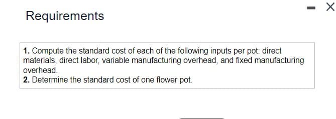 Requirements
1. Compute the standard cost of each of the following inputs per pot: direct
materials, direct labor, variable manufacturing overhead, and fixed manufacturing
overhead.
2. Determine the standard cost of one flower pot.
X
