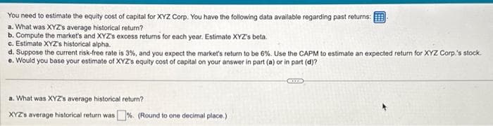You need to estimate the equity cost of capital for XYZ Corp. You have the following data available regarding past returns:
a. What was XYZ's average historical return?
b. Compute the market's and XYZ's excess returns for each year. Estimate XYZ's beta.
c. Estimate XYZ's historical alpha.
d. Suppose the current risk-free rate is 3%, and you expect the market's return to be 6%. Use the CAPM to estimate an expected return for XYZ Corp.'s stock.
e. Would you base your estimate of XYZ's equity cost of capital on your answer in part (a) or in part (d)?
a. What was XYZ's average historical return?
XYZ's average historical return was%. (Round to one decimal place.)