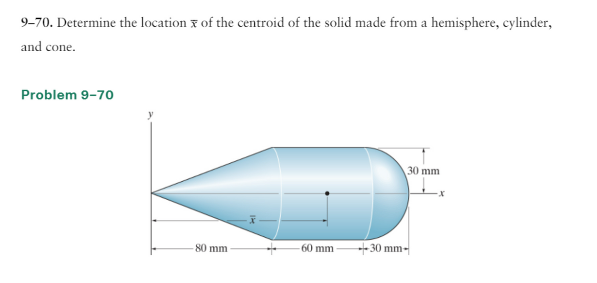 9-70. Determine the location of the centroid of the solid made from a hemisphere, cylinder,
X
and cone.
Problem 9-70
80 mm
XI
60 mm
30 mm
30 mm-