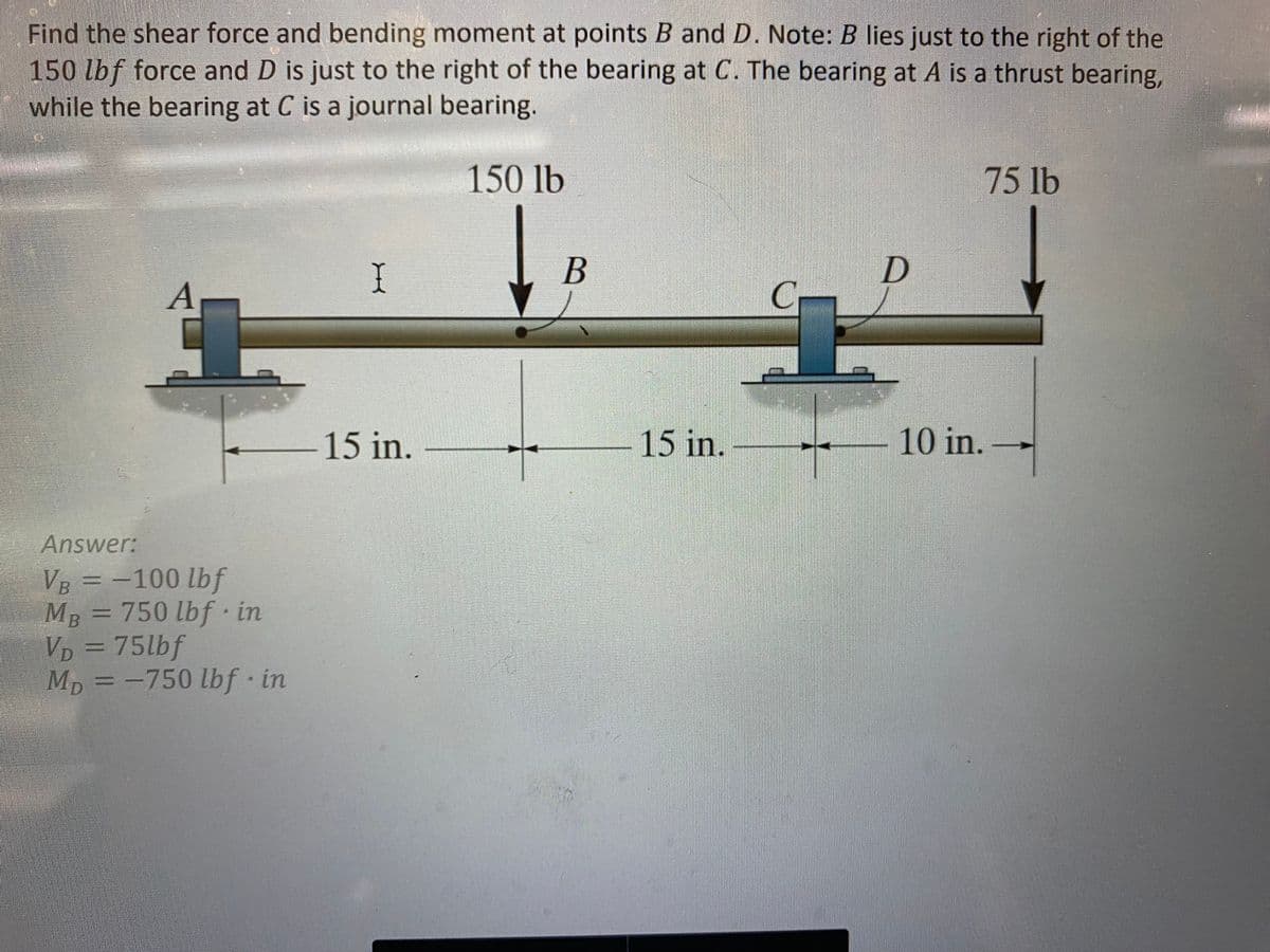 Find the shear force and bending moment at points B and D. Note: B lies just to the right of the
150 lbf force and D is just to the right of the bearing at C. The bearing at A is a thrust bearing,
while the bearing at C is a journal bearing.
150 lb
A
Answer:
VB = -100 lbf
MB = 750 lbf in
VD = 75lbf
Mp = -750 lbf in
I
15 in.
B
15 in.
C.
D
75 lb
10 in.