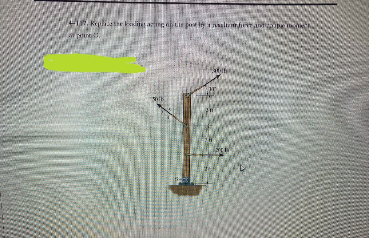 4-117. Replace the loading acting on the post by a resultant force and couple moment
at point O.
150 lb
300 lb
30K
2 11
200 16