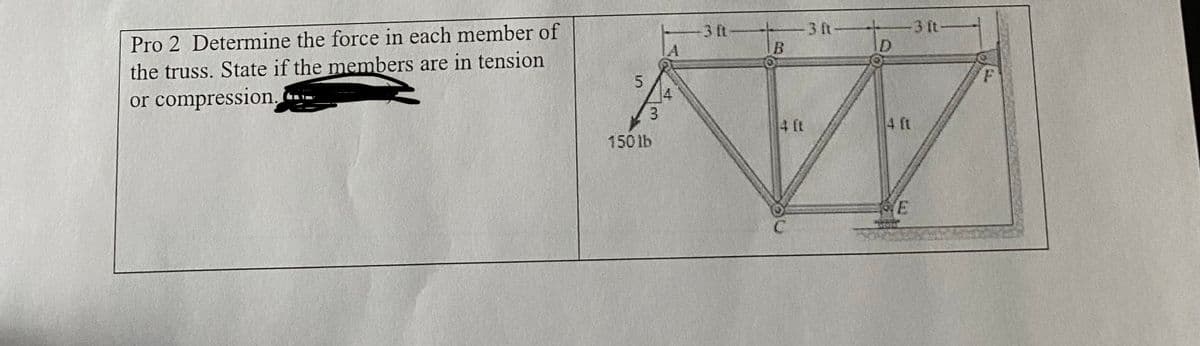 Pro 2 Determine the force in each member of
the truss. State if the members are in tension
or compression.
-
3 ft-
B
W
4 [t
4 ft
C
10
5
3
150lb
A
4
-3 ft-
D
F