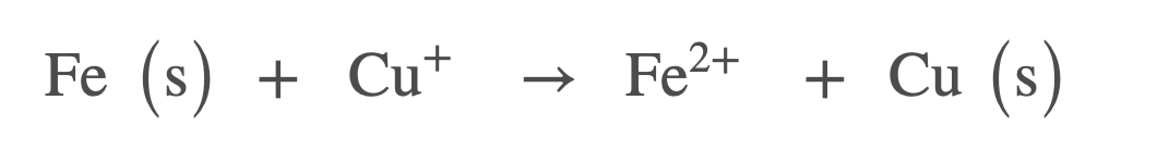 Fe (s)
+ Cu+
Fe2+ + Cu
(s)
↑
