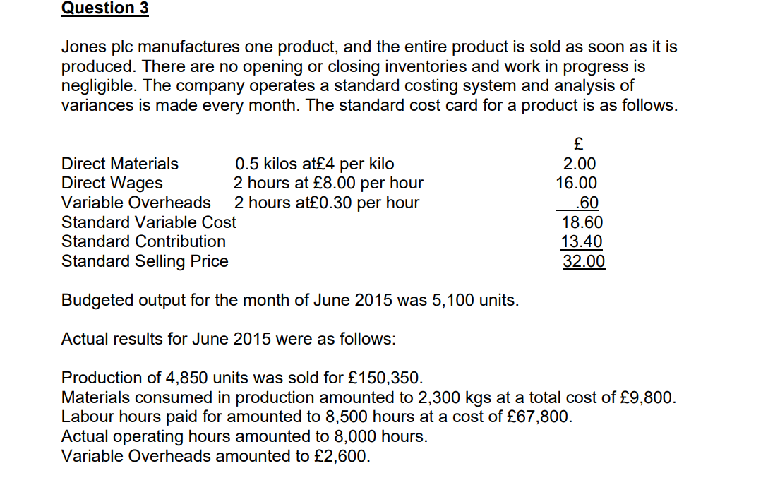 Question 3
Jones plc manufactures one product, and the entire product is sold as soon as it is
produced. There are no opening or closing inventories and work in progress is
negligible. The company operates a standard costing system and analysis of
variances is made every month. The standard cost card for a product is as follows.
0.5 kilos at£4 per kilo
2 hours at £8.00 per hour
Variable Overheads 2 hours at£0.30 per hour
Direct Materials
Direct Wages
Standard Variable Cost
Standard Contribution
Standard Selling Price
Budgeted output for the month of June 2015 was 5,100 units.
Actual results for June 2015 were as follows:
£
2.00
16.00
.60
18.60
13.40
32.00
Production of 4,850 units was sold for £150,350.
Materials consumed in production amounted to 2,300 kgs at a total cost of £9,800.
Labour hours paid for amounted to 8,500 hours at a cost of £67,800.
Actual operating hours amounted to 8,000 hours.
Variable Overheads amounted to £2,600.