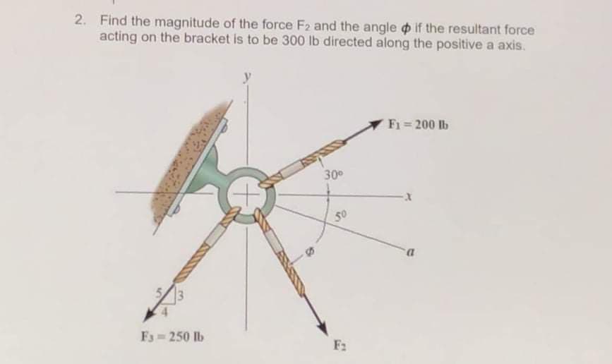 2. Find the magnitude of the force F2 and the angle o if the resultant force
acting on the bracket is to be 300 lb directed along the positive a axis.
F1 200 lb
30°
50
F3 250 lb
F2
