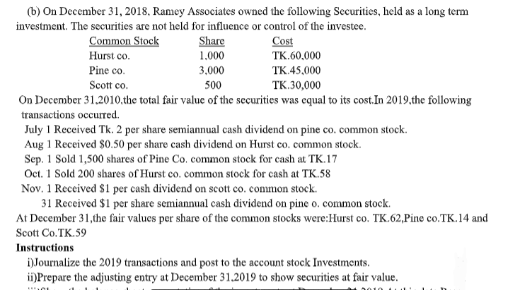 (b) On December 31, 2018, Ramey Associates owned the following Securities, held as a long term
investment. The securities are not held for influence or control of the investee.
Common Stock
Share
Cost
Hurst co.
1,000
TК.60,000
Pine co.
3,000
TK.45,000
Scott co.
500
TК.30,000
On December 31,2010,the total fair value of the securities was equal to its cost.In 2019,the following
transactions occurred.
July 1 Received Tk. 2 per share semiannual cash dividend on pine co. common stock.
Aug 1 Received $0.50 per share cash dividend on Hurst co. common stock.
Sep. 1 Sold 1,500 shares of Pine Co. common stock for cash at TK.17
Oct. 1 Sold 200 shares of Hurst co. common stock for cash at TK.58
Nov. 1 Received $1 per cash dividend on scott co. common stock.
31 Received $1 per share semiannual cash dividend on pine o. common stock.
At December 31,the fair valucs per share of the common stocks were:Hurst co. TK.62,Pine co.TK.14 and
Scott Co.TK.59
Instructions
i) Journalize the 2019 transactions and post to the account stock Investments.
ii)Prepare the adjusting entry at December 31.2019 to show securities at fair value.
