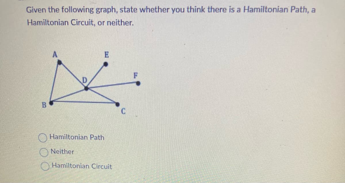 Given the following graph, state whether you think there is a Hamiltonian Path, a
Hamiltonian Circuit, or neither.
B
E
Hamiltonian Path
Neither
Hamiltonian Circuit