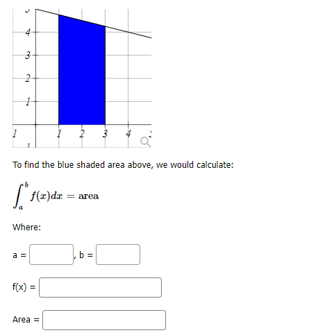 4
To find the blue shaded area above, we would calculate:
| f(x)dæ = area
Where:
, b =
a =
f(x)
Area =
