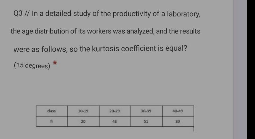 Q3 // In a detailed study of the productivity of a laboratory,
the age distribution of its workers was analyzed, and the results
were as follows, so the kurtosis coefficient is equal?
(15 degrees)
class
10-19
20-29
30-39
40-49
fi
20
48
51
30
