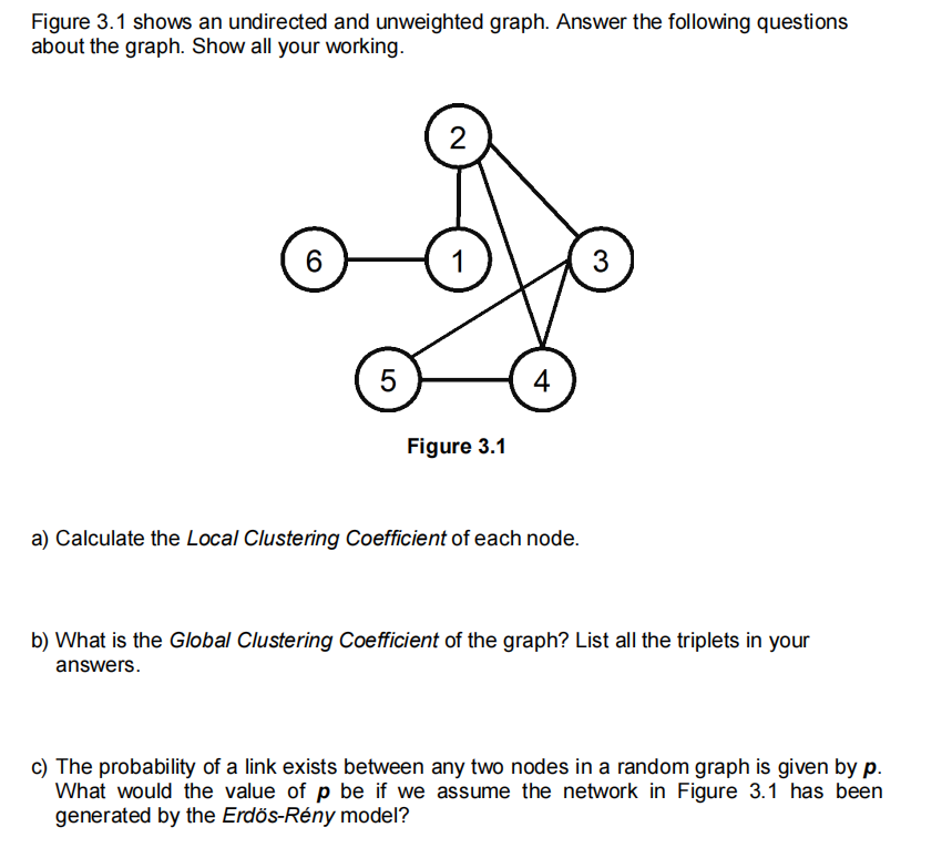 Figure 3.1 shows an undirected and unweighted graph. Answer the following questions
about the graph. Show all your working.
6
5
2
1
Figure 3.1
4
a) Calculate the Local Clustering Coefficient of each node.
3
b) What is the Global Clustering Coefficient of the graph? List all the triplets in your
answers.
c) The probability of a link exists between any two nodes in a random graph is given by p.
What would the value of p be if we assume the network in Figure 3.1 has been
generated by the Erdös-Rény model?