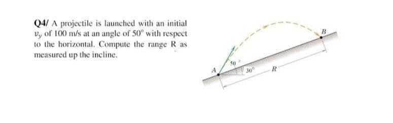 Q4/ A projectile is launched with an initial
vy of 100 m/s at an angle of 50° with respect
to the horizontal. Compute the range R as
measured up the incline.
30°