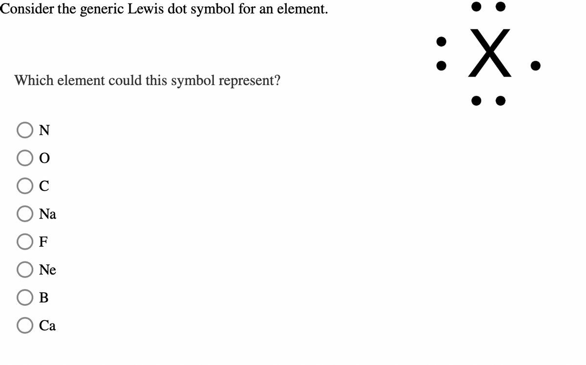 Consider the generic Lewis dot symbol for an element.
Which element could this symbol represent?
N
O
C
Na
F
Ne
B
Ca
X.