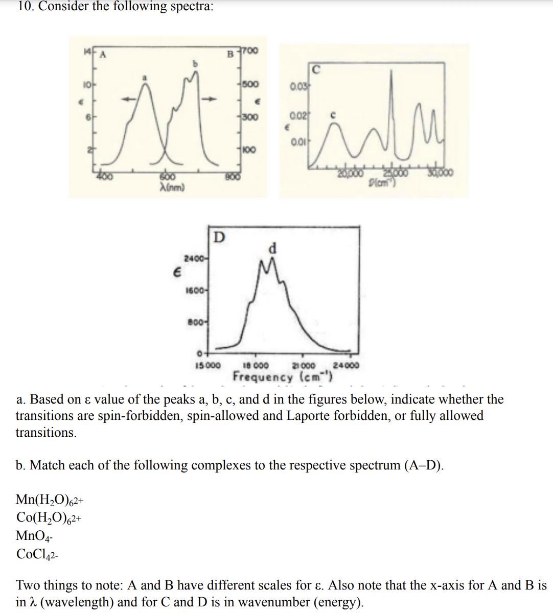10. Consider the following spectra:
14
MnO4-
COC142-
A
10
C
at ww
25,000 30,000
Dicm)
X(nm)
€
2400-
800-
B-700
0+
15.000
500
€
300
100
0.03
D
1600
ㅅ
18 000
21000 24000
Frequency (cm)
0.02
€
0.01
a. Based on & value of the peaks a, b, c, and d in the figures below, indicate whether the
transitions are spin-forbidden, spin-allowed and Laporte forbidden, or fully allowed
transitions.
b. Match each of the following complexes to the respective spectrum (A-D).
Mn(H₂O)62+
Co(H,O)62+
Two things to note: A and B have different scales for ɛ. Also note that the x-axis for A and B is
in λ (wavelength) and for C and D is in wavenumber (energy).