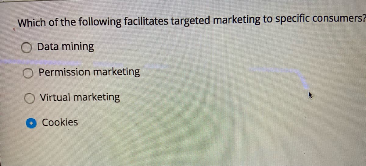 Which of the following facilitates targeted marketing to specific consumers?
Data mining
Permission marketing
Virtual marketing
Cookies

