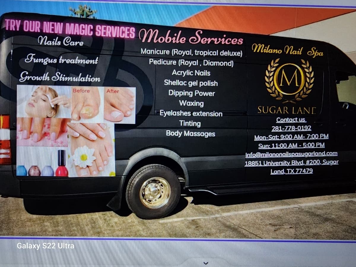 TRY OUR NEW MAGIC SERVICES Mobile Services
Nails Care
Fungus treatment
Growth Stimulation
Before
Galaxy S22 Ultra
After
Manicure (Royal, tropical deluxe)
Pedicure (Royal, Diamond)
Acrylic Nails
Shellac gel polish
Dipping Power
Waxing
Eyelashes extension
Tinting
Body Massages
Milano Nail Spa
(M)
SUGAR LAND
Contact us
281-778-0192
Mon-Sat: 9:00 AM- 7:00 PM
Sun: 11:00 AM - 5:00 PM
Info@milanonailspasugarland.com
18851 University Blvd, #200. Sugar
Land, TX 77479