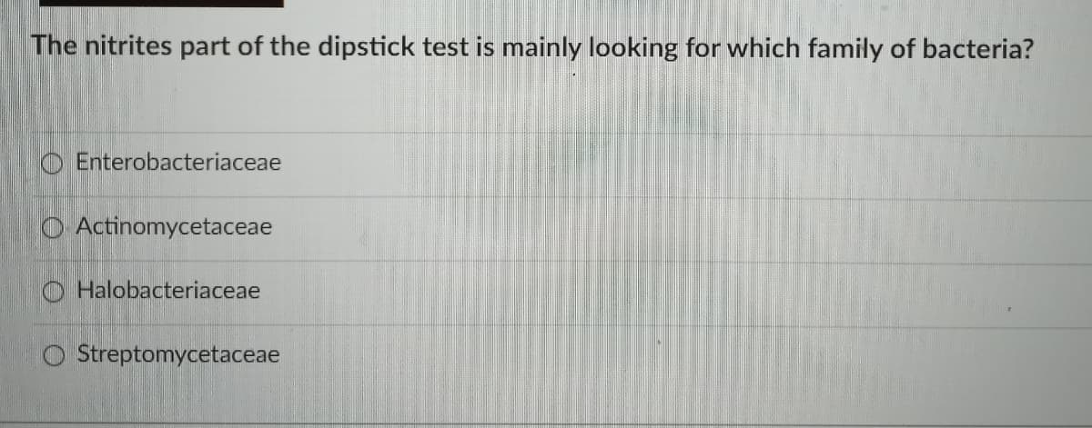 The nitrites part of the dipstick test is mainly looking for which family of bacteria?
Enterobacteriaceae
O Actinomycetaceae
Halobacteriaceae
O Streptomycetaceae
