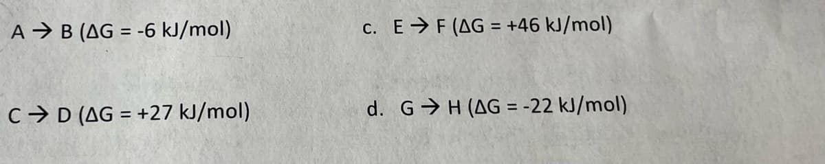 A B (AG = -6 kJ/mol)
CD (AG = +27 kJ/mol)
c. EF (AG = +46 kJ/mol)
d. GH (AG = -22 kJ/mol)