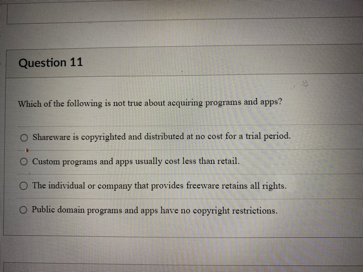 Question 11
Which of the following is not true about acquiring programs and apps?
Shareware is copyrighted and distributed at no cost for a trial period.
O Custom programs and apps usually cost less than retail.
O The individual or company that provides freeware retains all rights.
O Public domain programs and apps have no copyright restrictions.
a