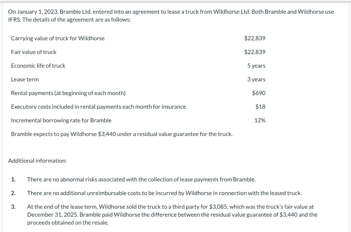 On January 1, 2023, Bramble Ltd. entered into an agreement to lease a truck from Wildhorse Ltd. Both Bramble and Wildhorse use
IFRS. The details of the agreement are as follows:
Carrying value of truck for Wildhorse
Fair value of truck
Economic life of truck
Lease term
Rental payments (at beginning of each month)
Executory costs included in rental payments each month for insurance
Incremental borrowing rate for Bramble
Bramble expects to pay Wildhorse $3,440 under a residual value guarantee for the truck.
Additional information:
1.
2.
3.
$22,839
$22,839
5 years
3 years
$690
$18
12%
There are no abnormal risks associated with the collection of lease payments from Bramble.
There are no additional unreimbursable costs to be incurred by Wildhorse in connection with the leased truck.
At the end of the lease term, Wildhorse sold the truck to a third party for $3,085, which was the truck's fair value at
December 31, 2025. Bramble paid Wildhorse the difference between the residual value guarantee of $3,440 and the
proceeds obtained on the resale.