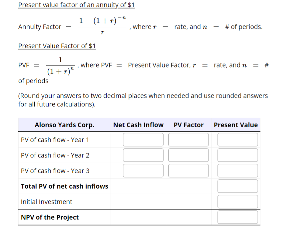 Present value factor of an annuity of $1
1 − (1 + r)
Annuity Factor =
Present Value Factor of $1
1
(1+r)"
PVE =
of periods
(Round your answers to two decimal places when needed and use rounded answers
for all future calculations).
Alonso Yards Corp.
PV of cash flow - Year 1
, where PVF = Present Value Factor, r = rate, and n = #
PV of cash flow - Year 2
r
PV of cash flow - Year 3
, where r = rate, and n = # of periods.
Total PV of net cash inflows
Initial Investment
NPV of the Project
Net Cash Inflow PV Factor Present Value
111