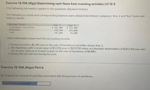 Exercise 12-10A (Algo) Determining cash flows from investing activities LO 12-3
[The following information applies to the questions displayed below)
The following accounts and corresponding balances were drawn from Delsey Company's Year 2 and Year 1 year-end
balance sheets:
Account T
Investment securities
Machinery
Land
Year 2
$101,000
Year 1
520,300
145,000
$ 116,900
425,000
93,800
Other information drawn from the accounting records:
1. Delsey Incurred a $1,340 loss on the sale of investment securities during Year 2.
2. Old machinery with a book value of $5,000 (cost of $25,530 minus accumulated depreciation of $20,530) was sold.
The income statement showed a gain on the sale of machinery of $4.880.
3. Delsey did not sell land during the year.
Exercise 12-10A (Algo) Part b
b. Compute the amount of cash flow associated with the purchase of machinery.
Cs of machinery pathased
