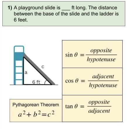 1) A playground slide is
ft long. The distance
between the base of the slide and the ladder is
6 feet.
a
6 ft
с
Pythagorean Theorem
a²+ b²=c²
sin =
0
cos =
tan =
0
opposite
hypotenuse
adjacent
hypotenuse
opposite
adjacent