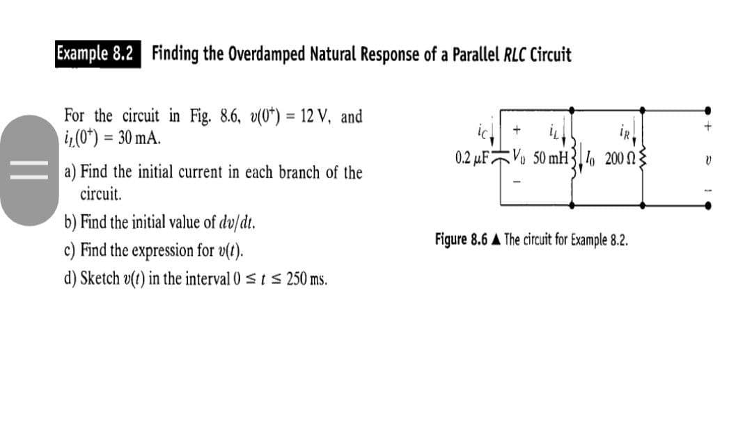 Example 8.2 Finding the Overdamped Natural Response of a Parallel RLC Circuit
For the circuit in Fig. 8.6, v(0*) = 12 V, and
i,(0*) = 30 mA.
%3D
0.2 µF Vo 50 mH3, 200 N{
a) Find the initial current in each branch of the
circuit.
b) Find the initial value of dv/dt.
Figure 8.6 A The circuit for Example 8.2.
c) Find the expression for v(t).
d) Sketch v(t) in the interval 0 < ts 250 ms.
||
