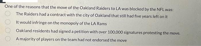 One of the reasons that the move of the Oakland Raiders to LA was blocked by the NFL was:
The Raiders had a contract with the city of Oakland that still had five years left on it
It would infringe on the monopoly of the LA Rams
Oakland residents had signed a petition with over 100,000 signatures protesting the move.
A majority of players on the team had not endorsed the move