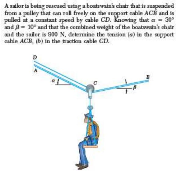 A sailor is being rescued using a boatswain's chair that is suspended
from a pulley that can roll freely on the support cable ACB and is
pulled at a constant speed by cable CD. Knowing that a 30°
and B 10° and that the combined weight of the boatswain's chair
and the sailor is 900 N, determine the tension (a) in the support
cable ACB, (b) in the traction cable CD.
B.

